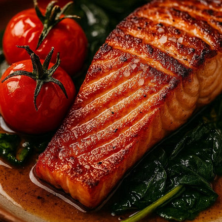 Grilled salmon steak with spinach and cherry tomatoes. Closeup.