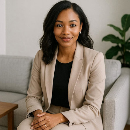 portrait of smiling african american businesswoman sitting on sofa at home