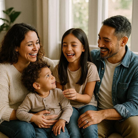Happy family. Mother, father and their daughter are sitting on the couch and smiling.