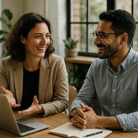 Smiling business people sitting at the table and looking at each other