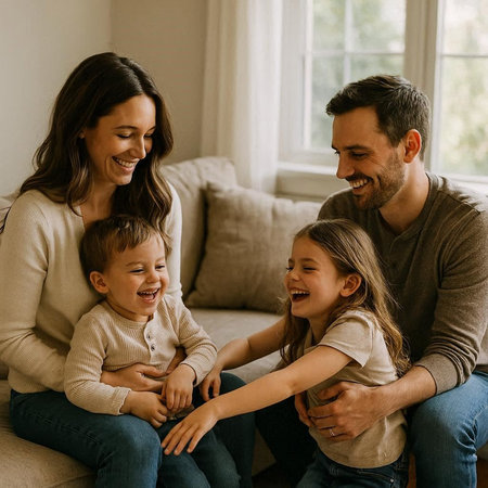 Happy family sitting on sofa and smiling. Mother, father and children having fun at home.