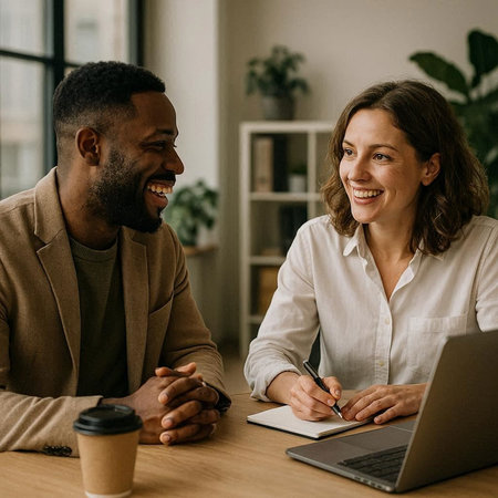 Smiling businesswoman and man sitting at table in office and working on laptop