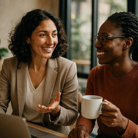 smiling african american businesswoman talking with colleague during coffee break