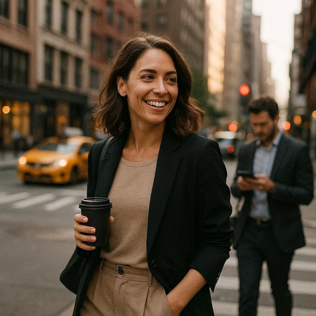 Portrait of a smiling businesswoman holding coffee cup while walking on the street in New York City