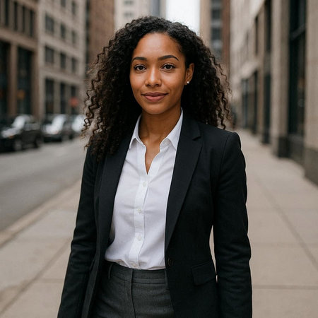 Beautiful african american businesswoman with curly hair in black suit and white shirt walking in...