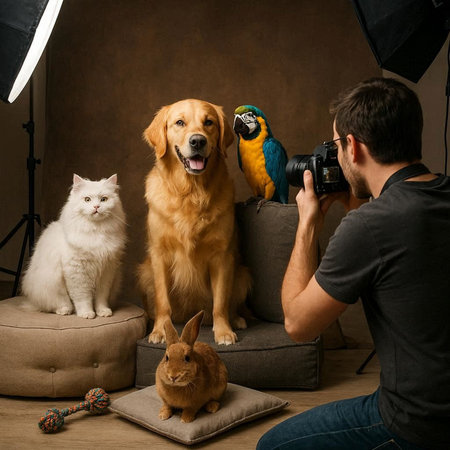 Photographer taking photo of golden retriever, parrot and cat