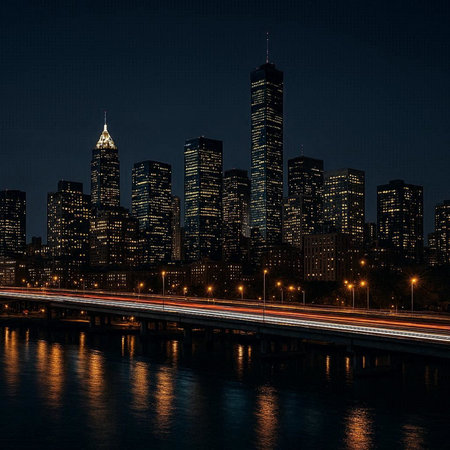 Chicago skyline at night with light trails on the river, USA.