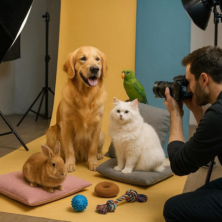 Cat, dog, dog and parrot in a photo studio with a cameraの写真素材