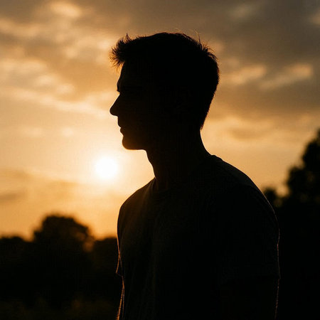 Silhouette of a young man at sunset in the countryside.の写真素材