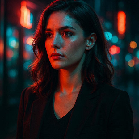 Portrait of a beautiful girl in a black coat on a dark background.