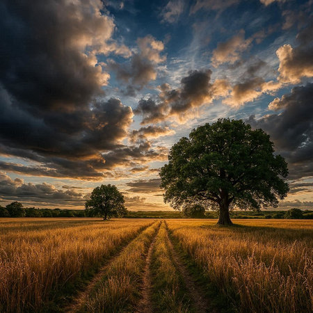 Beautiful summer landscape with a big tree over a field at sunset