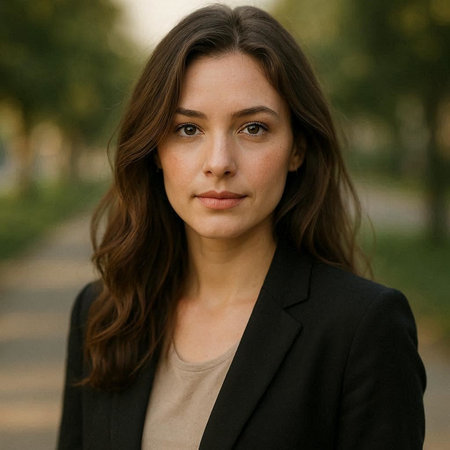 Portrait of a beautiful young brunette woman in a black suitの写真素材