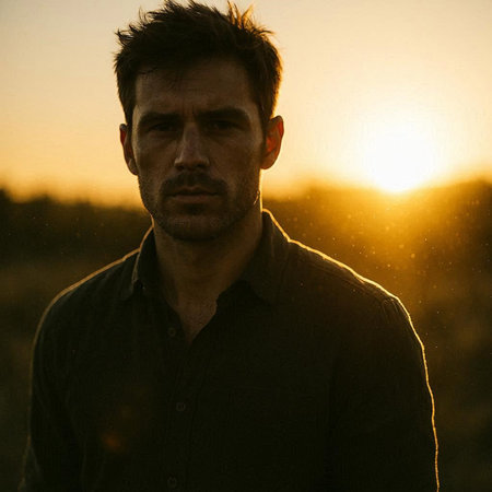 Handsome young man with dark hair and beard, wearing black shirt, standing in field at sunset.