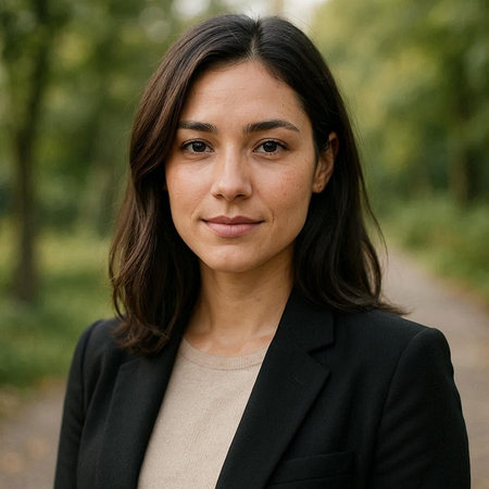 Portrait of a young beautiful woman in a black suit in the park