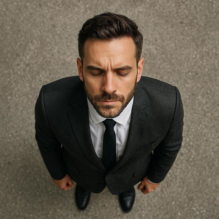 High angle view of young businessman looking down while standing against grey backgroundの写真素材