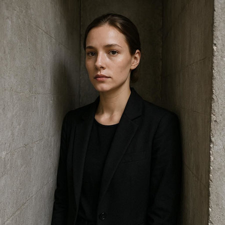 Portrait of a beautiful young woman in a black suit on a gray background