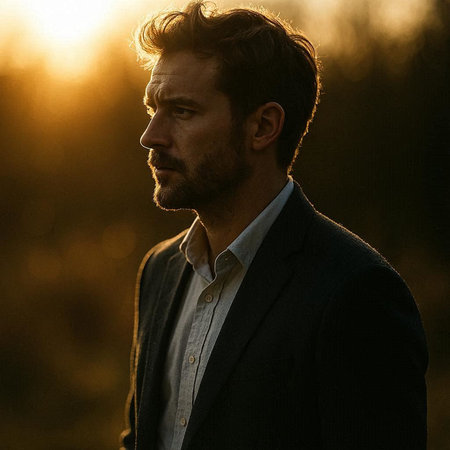 Portrait of a handsome man in a suit on a background of the setting sun