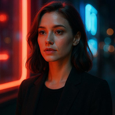 Portrait of a beautiful young woman in the city at night.の写真素材