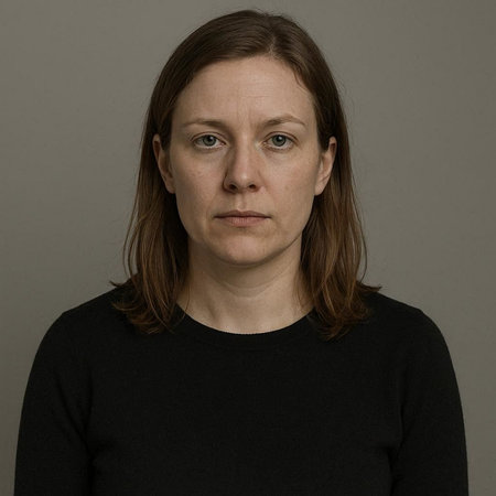 Portrait of a serious woman in a black sweater on a gray background