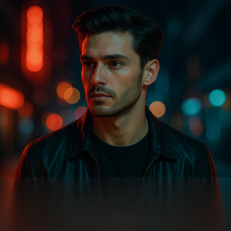Portrait of a handsome young man in a black leather jacket sitting at a bar counter in a night city.の写真素材