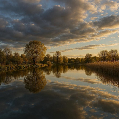 Reflection of trees and clouds in the water at sunset in autumnの写真素材