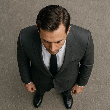 High angle view of young businessman looking down while standing against grey background