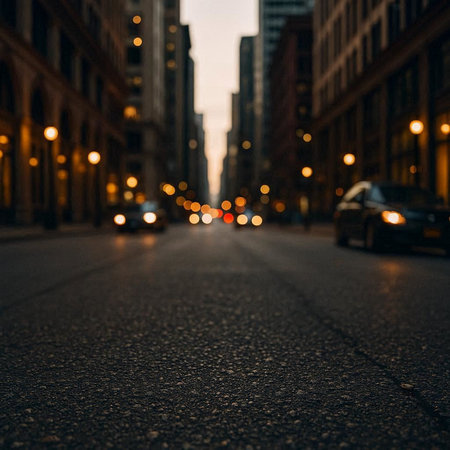 Blurred view of a city street at night with cars and lights
