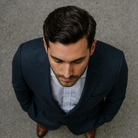 High angle view of young businessman looking down while standing against grey backgroundの写真素材