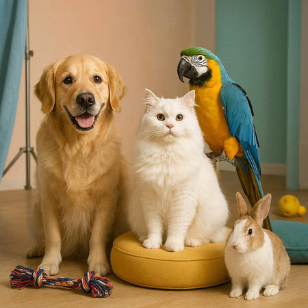 Cat, dog, dog and a macaw sitting together on a cushionの写真素材