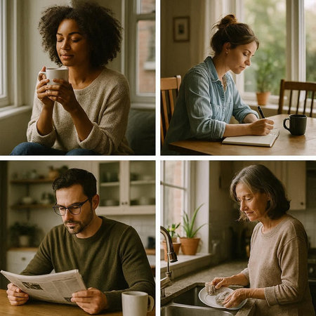 Collage of young multiethnic couple drinking coffee and reading magazine at homeの写真素材