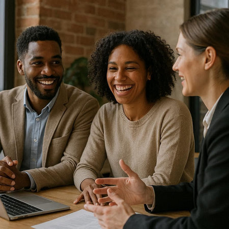 Smiling african american businesswoman talking with colleagues in office
