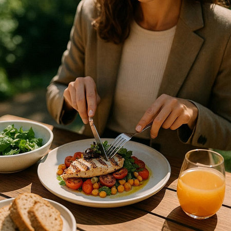 cropped view of woman eating chicken fillet with vegetables at table in gardenの写真素材