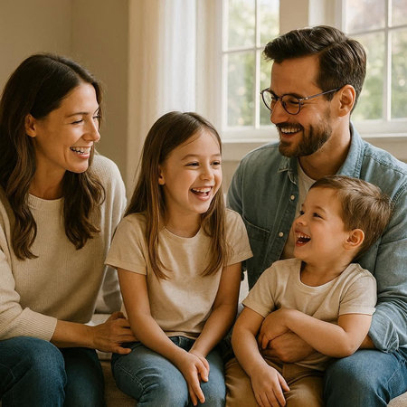 Happy family with two children sitting on sofa at home and smiling.