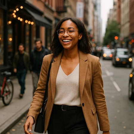 Portrait of smiling african american woman in eyeglasses walking on street.の写真素材