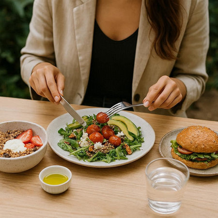cropped view of young woman eating salad with avocado and tomatoes in cafeの写真素材