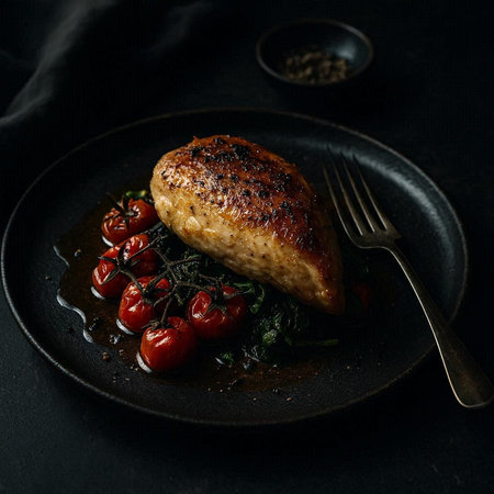 Grilled chicken fillet with spinach and cherry tomatoes on black background