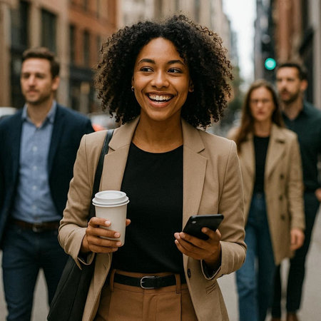 smiling african american woman holding coffee cup and smartphone in city
