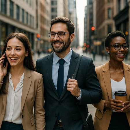 Group of business people talking on the phone and smiling while walking in the cityの写真素材