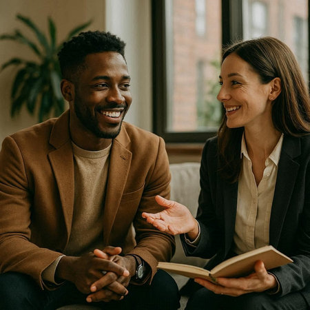 smiling african american businesswoman reading book with colleague in office