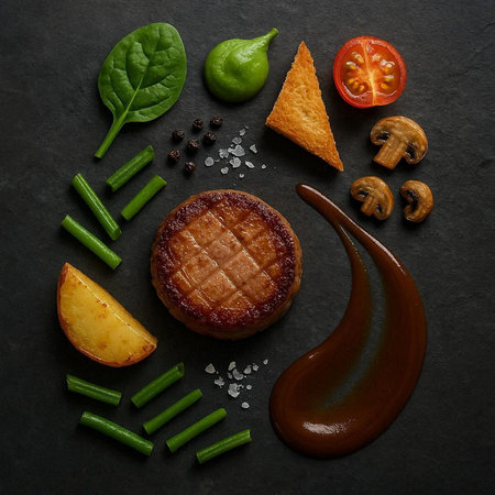 Grilled beefsteak with vegetables and sauce on black background, top view