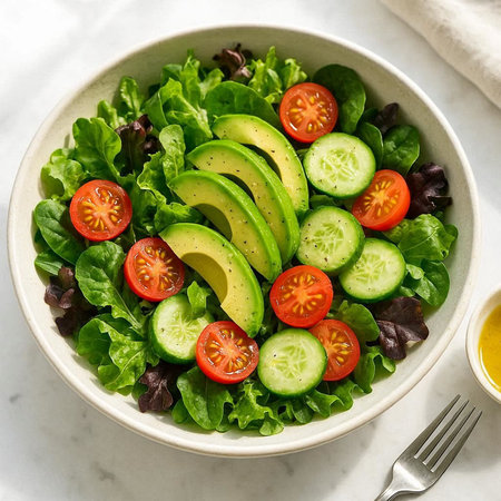 Healthy salad with avocado, cucumber, tomato and lettuce in bowlle background. Top viewの写真素材