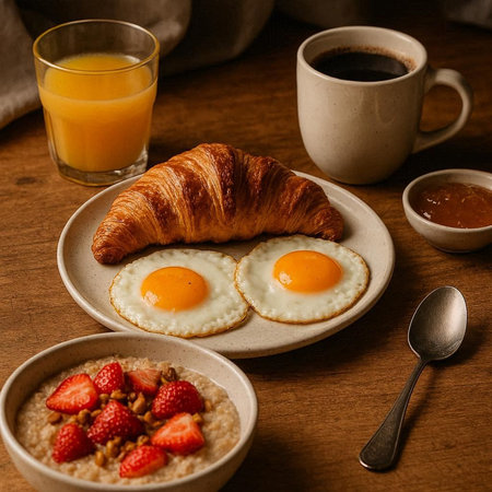 Breakfast with coffee, croissant, orange juice and eggsの写真素材