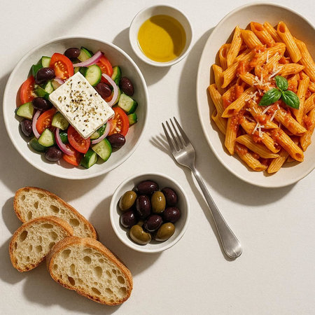 Italian pasta salad with feta cheese and olives, top view