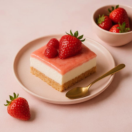 Strawberry cheesecake with fresh strawberries on a pink background.の写真素材