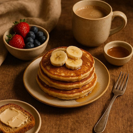 Pancakes with honey, blueberries and bananas on a wooden background