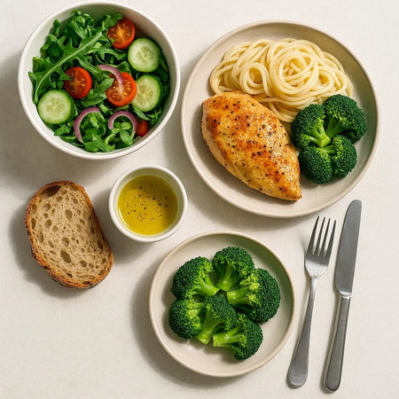 Healthy lunch with chicken fillet, pasta and vegetable salad on white background, top view