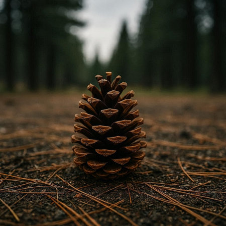 Pine cone on the ground in the forest with pine trees in the background