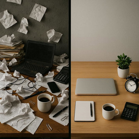 Office table with crumpled paper, coffee cup, laptop, notebook and calculator, top view