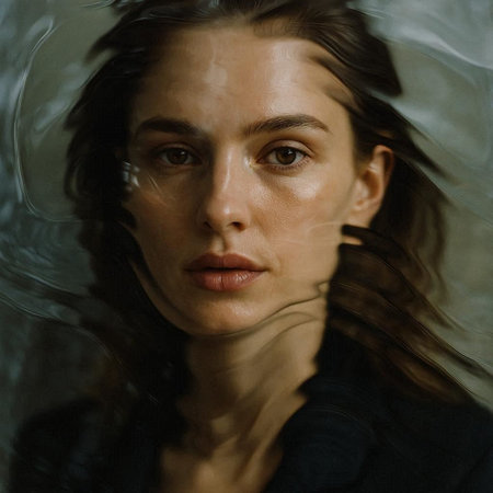Portrait of a beautiful young woman through a transparent glass. Shallow depth of field.