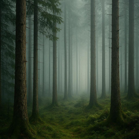 Mysterious evergreen forest in morning fog. Fantasy landscape.